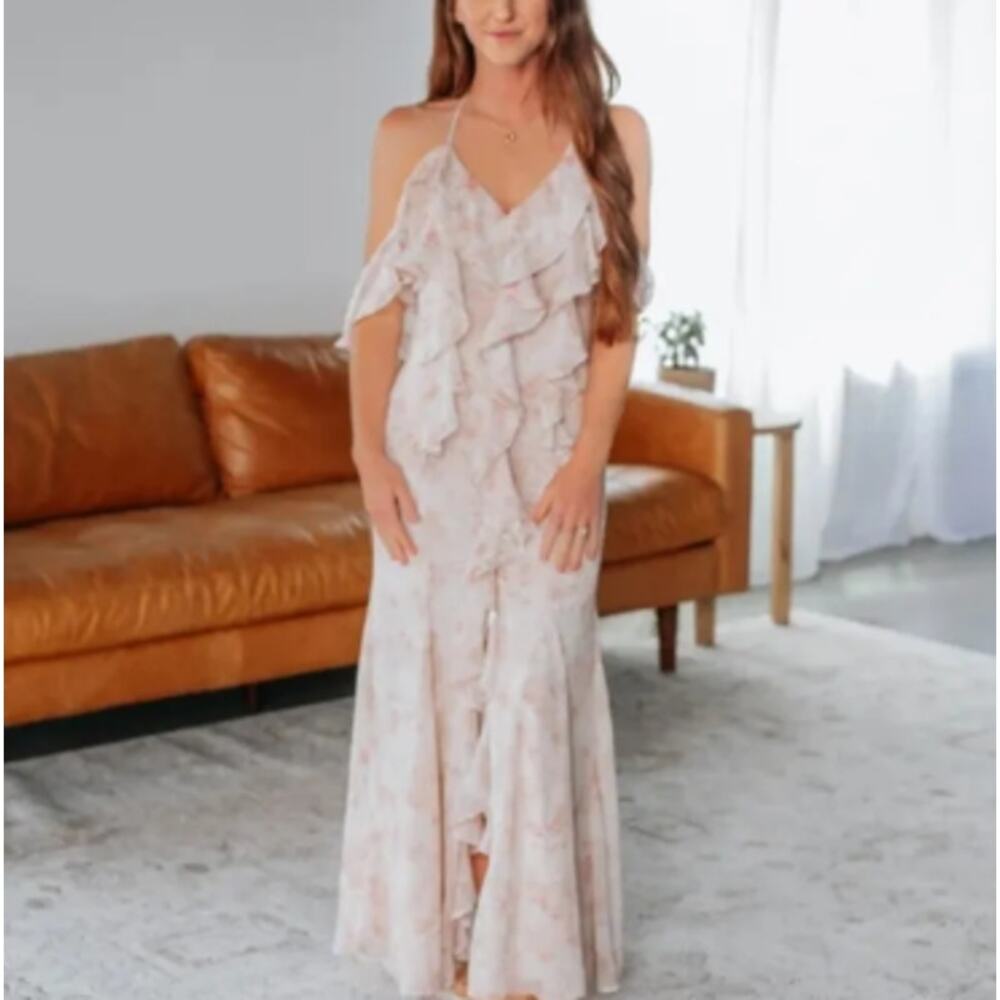 Storia Romantic Blush Floral Ruffle Front Maxi Dress Romantic Size Medium NWOT